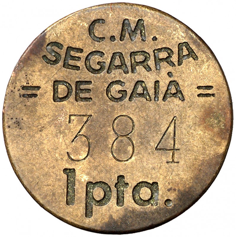 Segarra de Gaià. 1 peseta. (Cal. 18, como serie completa). 2,04 g. Nº 384. Rara....