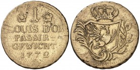 1772. Alemania. Brandenburgo-Prusia. Ponderal de 1 Luis de oro. 6,49 g. CU. MBC.