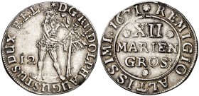 1671. Alemania. Brunswick-Wolfenbuttel. Rodolfo Augusto. 12 mariengroschen (1/3 taler). (Kr. 504). 6,82 g. AG. Leve defecto en borde. (EBC-).