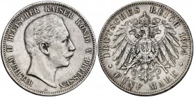 1904. Alemania. Prusia. Guillermo II. A (Berlín). 5 marcos. (Kr. 523). 27,67 g. AG. MBC-/MBC.