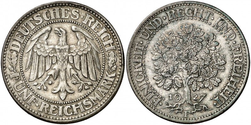1927. Alemania. F (Stuttgart). 5 marcos. (Kr. 56). 25,14 g. AG. Golpecitos. Esca...