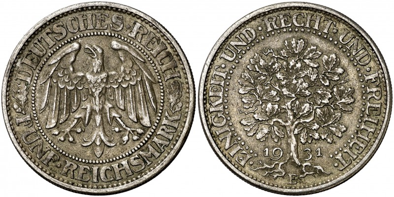1931. Alemania. E. (Muldenhutten). 5 reichsmark. (Kr. 56). 24,94 g. AG. Golpecit...