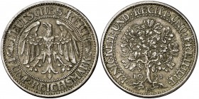 1931. Alemania. E. (Muldenhutten). 5 reichsmark. (Kr. 56). 24,94 g. AG. Golpecitos. Escasa. MBC+.