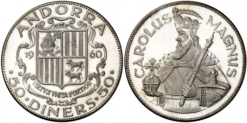 1960. Andorra. 50 diners. (Kr De Luxe Ana Centennial Edition, M2). 28,77 g. AG. ...