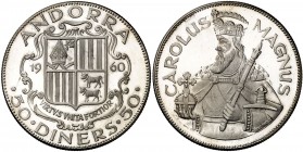 1960. Andorra. 50 diners. (Kr De Luxe Ana Centennial Edition, M2). 28,77 g. AG. Carlomagno. Acuñación de 3100 ejemplares. Proof.