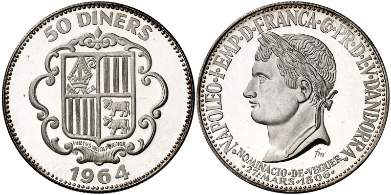 1964. Andorra. 50 diners. (Kr. De Luxe Ana Centennial Edition, M6) 27,77 g. AG. ...