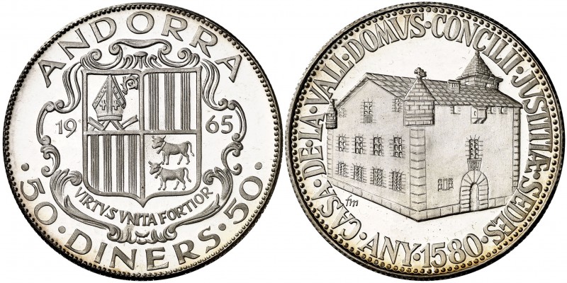 1965. Andorra. 50 diners. (Kr. De Luxe Ana Centennial Edition, M8). 27,94 g. AG....