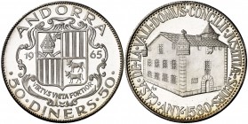 1965. Andorra. 50 diners. (Kr. De Luxe Ana Centennial Edition, M8). 27,94 g. AG. Casa de la Vall, antigua sede del Consejo General de Andorra. Proof.
