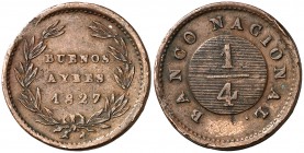 1827. Argentina. Buenos Aires. 1/4 de real. (Kr. 2). 3,95 g. CU. MBC+.