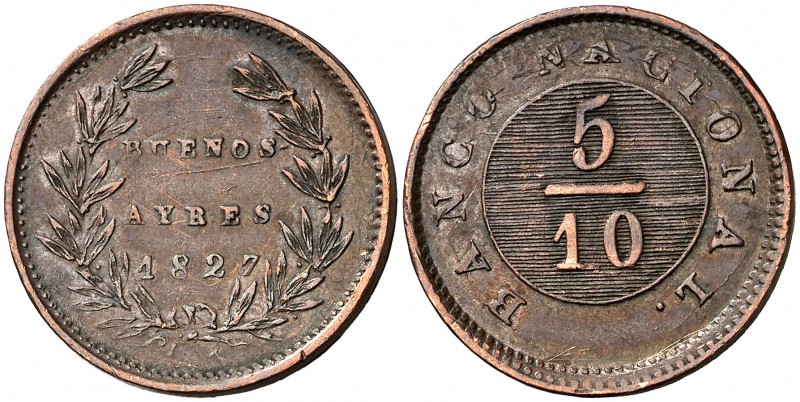 1827. Argentina. Buenos Aires. 5/10 de real. (Kr. 3). 6,63 g. CU. EBC-.