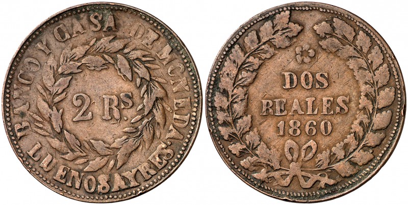 1860. Argentina. Buenos Aires. 2 reales. (Kr. 11). 7,18 g. CU. MBC.