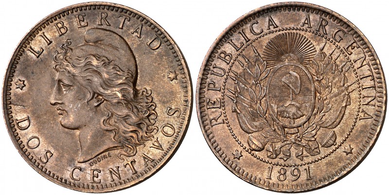1891. Argentina. 2 centavos. (Kr. 33). 10 g. CU. EBC-.