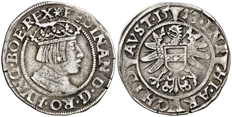 1553. Austria. Fernando I. 3 kreuzer. (Schulten 4128). 2,10 g. AG. Con título de...