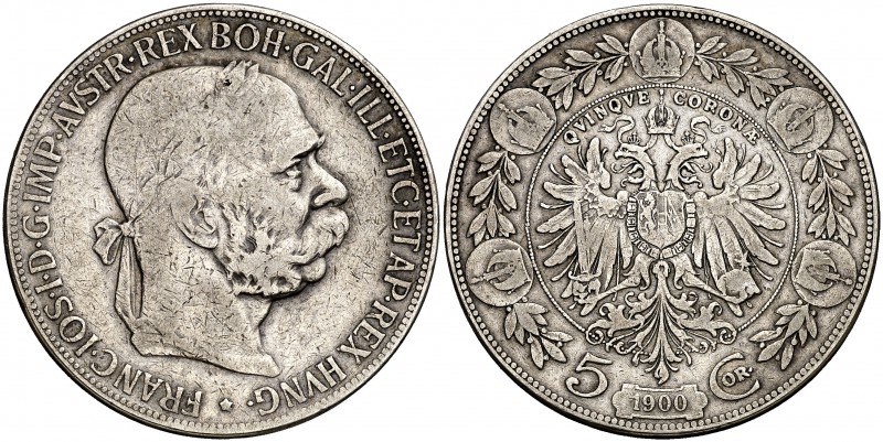 1900. Austria. Francisco José I. 5 coronas. (Kr. 2807). 23,78 g. AG. MBC-.