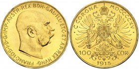 1915. Austria. Francisco José I. 100 coronas. (Fr. 488) (Kr. 2819). 33,84 g. AU. Reacuñación. S/C-.