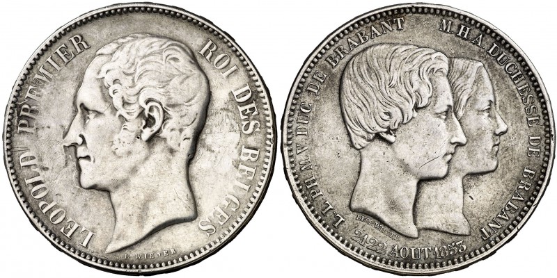 1853. Bélgica. Leopoldo I. 5 francos. (Kr. U.W.C. M2.1). 24,63 g. AG. Boda del d...