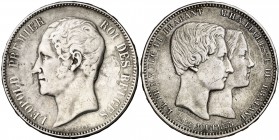 1853. Bélgica. Leopoldo I. 5 francos. (Kr. U.W.C. M2.1). 24,63 g. AG. Boda del duque y la duquesa de Brabante. 21-22 agosto. Separación de fecha por g...
