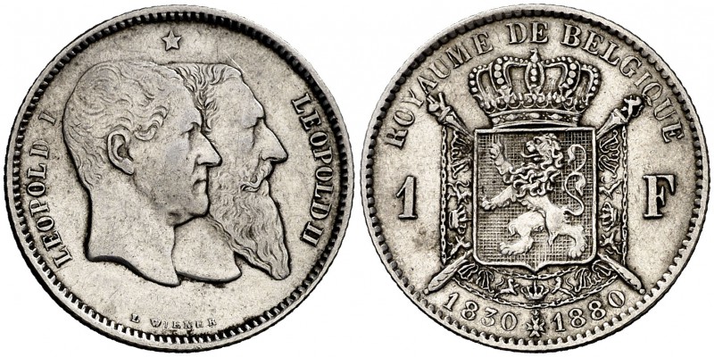1880. Bélgica. Leopoldo II. 1 franco. (Kr. 38). 5 g. AG. 50º Aniversario de la i...