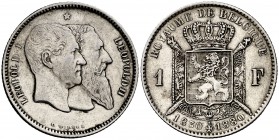 1880. Bélgica. Leopoldo II. 1 franco. (Kr. 38). 5 g. AG. 50º Aniversario de la independencia. MBC+.