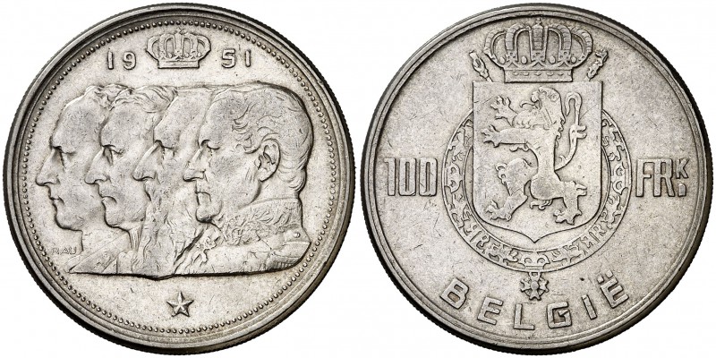 1951. Bélgica. Balduino. 100 francos. (Kr. 139.1). 18,07 g. AG. EBC-.