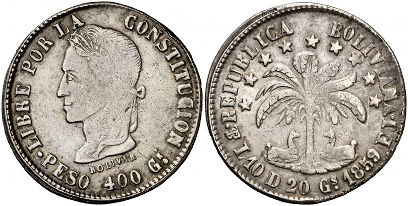 1859. Bolivia. PTS (Potosí). FJ. 8 soles. (Kr. 138.3). 19,68 g. A6. Escasa. MBC-...