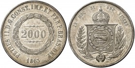 1863. Brasil. Pedro II. 200 reis. (Kr. 466). 25,43 g. AG. Marquitas. Parte de brillo original. EBC-/EBC.