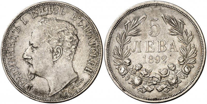 1892. Bulgaria. Fernando I. KB (Kormoczbanya). 5 leva. (Kr. 15). 24,94 g. AG. MB...