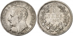 1892. Bulgaria. Fernando I. KB (Kormoczbanya). 5 leva. (Kr. 15). 24,94 g. AG. MBC+.