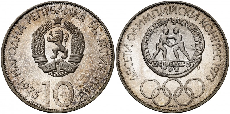 1975. Bulgaria. 10 leva. (Kr. 93.1). 29,93 g. AG. 10º Congreso Olímpico. Leyenda...