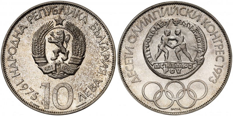 1975. Bulgaria. 10 leva. (Kr. 93.2). 29,38 g. AG. 10º Congreso Olímpico. Leyenda...