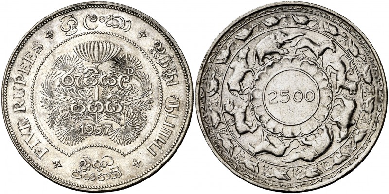 1957. Ceylán. Isabel II. 5 rupias. (Kr. 126). 28,21 g. AG. 2500 años del budismo...