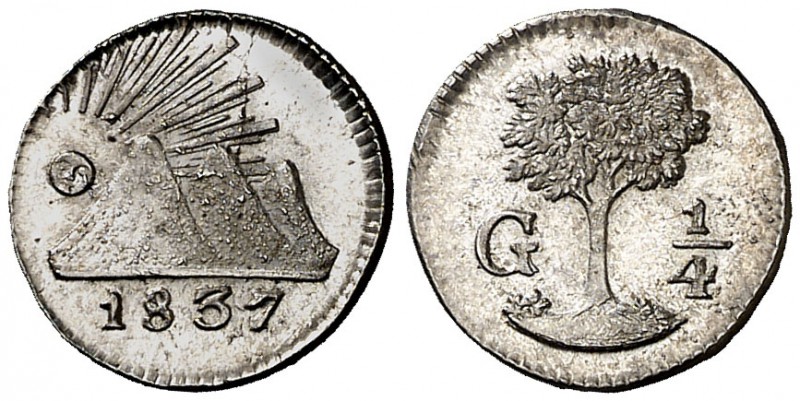 1837. República de Centro América. G (Guatemala). 1/4 de real. (Kr. 1). 0,76 g. ...