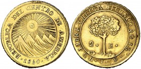 1850. República de Centro América. CR (San José). JB. 2 escudos. (Fr. 3) (Kr. 15). 6,23 g. AU. Sirvió como joya. (MBC+).