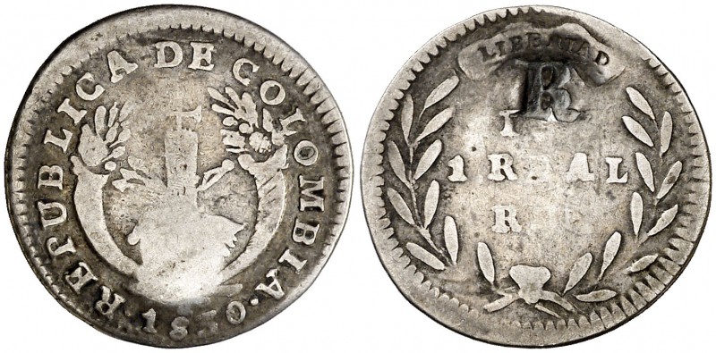 1830. Colombia. P(N) (Popayán). R(U). 1 real. (Kr. 87.2). 1,81 g. AG. Contramarc...