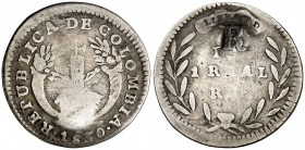 1830. Colombia. P(N) (Popayán). R(U). 1 real. (Kr. 87.2). 1,81 g. AG. Contramarca: R. Muy escasa. MBC-.