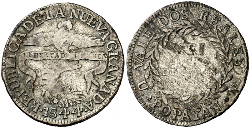 1844. Colombia. Popayán. 2 reales. (Kr. 97.2). 5 g. AG. MBC-.