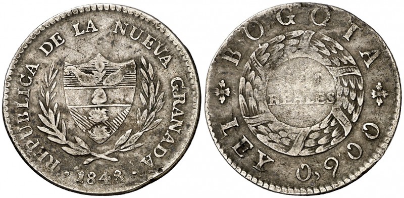 1848. Colombia. Bogotá. 2 reales. (Kr. 105). 4,45 g. AG. MBC/MBC-.