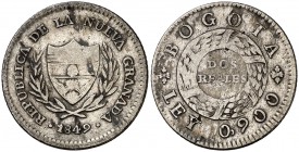 1849. Colombia. Bogotá. 2 reales. (Kr. 105). 4,48 g. AG. MBC.