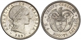 1897. Colombia. Bogotá. 20 centavos. (Kr. 189). 5 g. AG. S/C-.