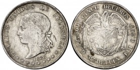 1886. Colombia. Medellín. 5 décimos. (Kr. 161.2b). 12,19 g. AG. MBC/MBC-.