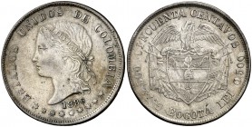1886. Colombia. Medellín. 50 centavos. (Kr. 177a.2). 12,41 g. AG. Escasa. MBC.