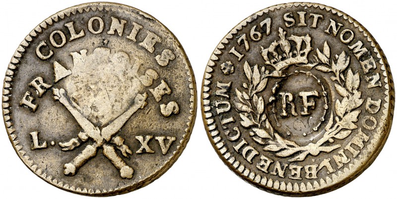 1767. Colonias Francesas. Luis XV. A (París). 12 deniers. (Kr. 1). 12,46 g. CU. ...
