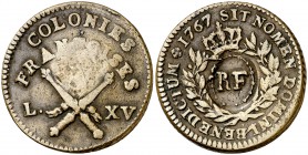 1767. Colonias Francesas. Luis XV. A (París). 12 deniers. (Kr. 1). 12,46 g. CU. Contramarca RF (Guadalupe) (De Mey 705). MBC.
