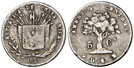 1875. Costa Rica. GW. 5 centavos. (Kr. 110). 1,15 g. AG. MBC-.