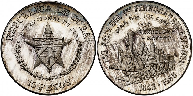 1988. Cuba. 10 pesos. (Kr. 206). 31 g. AG. 140º Aniversario del ferrocarril Barc...