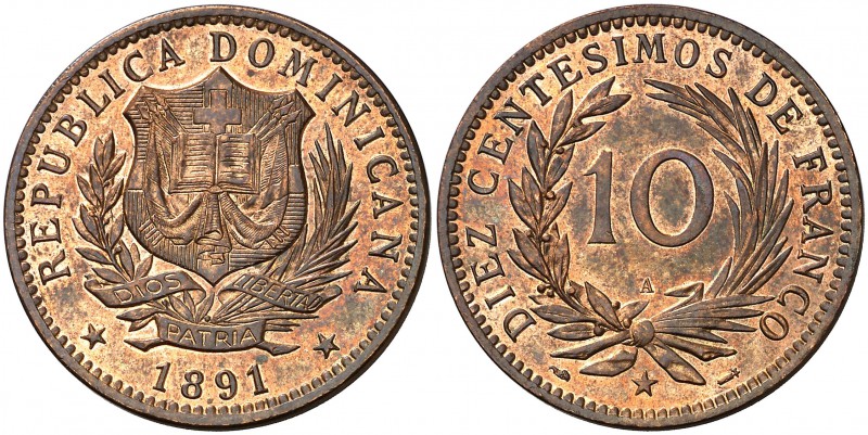 1891. República Dominicana. A (París). 10 centésimos. (Kr. 9). 9,94 g. CU. S/C-....