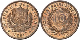 1891. República Dominicana. A (París). 10 centésimos. (Kr. 9). 9,94 g. CU. S/C-.
