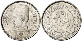 AH 1358 (1939). Egipto. Farouk. 5 piastras. (Kr. 366). 7 g. AG. S/C.