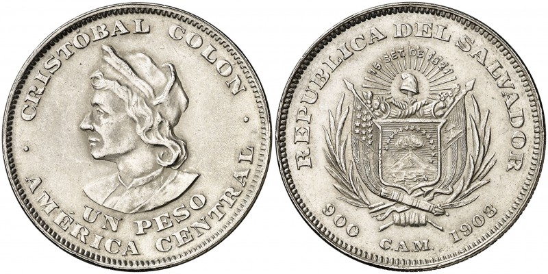 1908. El Salvador. C.A.M. (San Salvador). 1 peso. (Kr. 115.1). 24,96 g. AG. Limp...