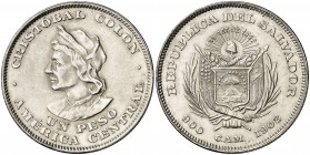 1908. El Salvador. C.A.M. (San Salvador). 1 peso. (Kr. 115.1). 24,96 g. AG. Limpiada. (EBC).